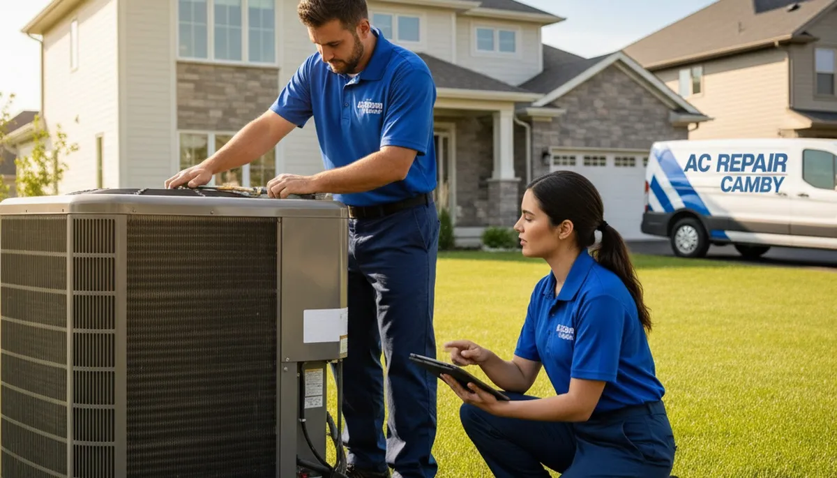 Professional AC repair technician servicing air conditioner unit in Indianapolis, IN home
