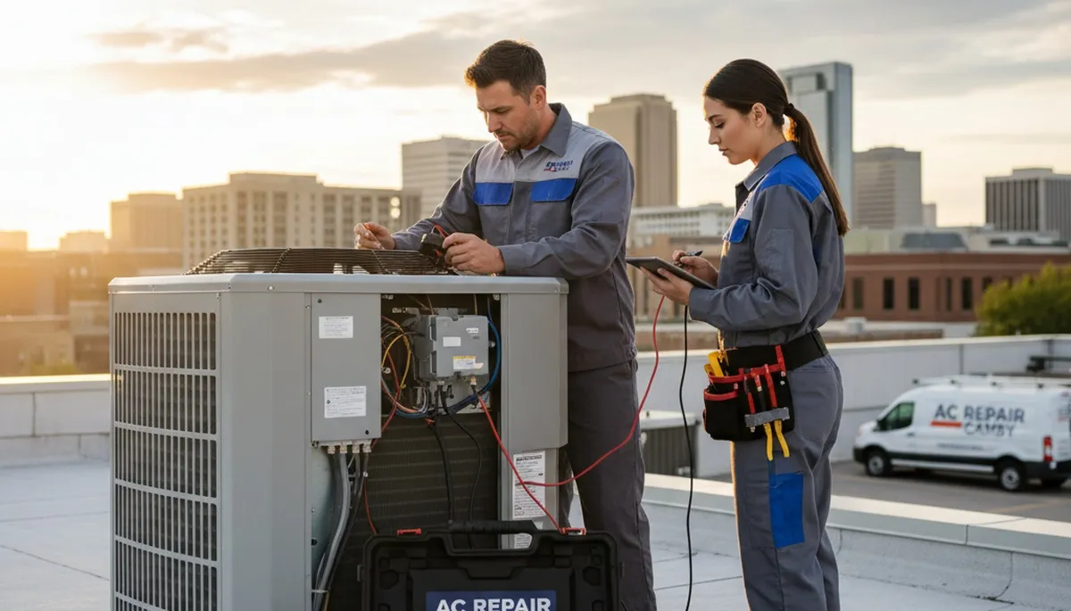 Professional AC repair technician servicing air conditioner in Indianapolis IN home