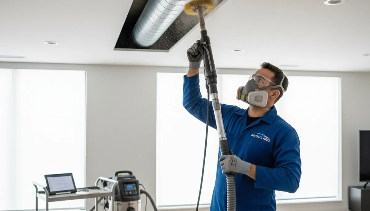 Technician cleaning HVAC air ducts for improved airflow in Indianapolis, IN home