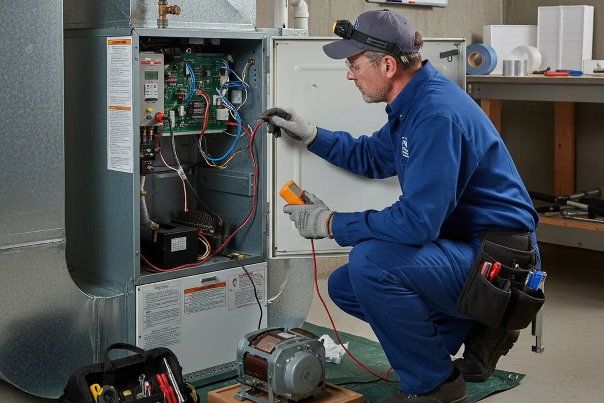 Technician repairing residential furnace system in Indianapolis IN for professional heating service