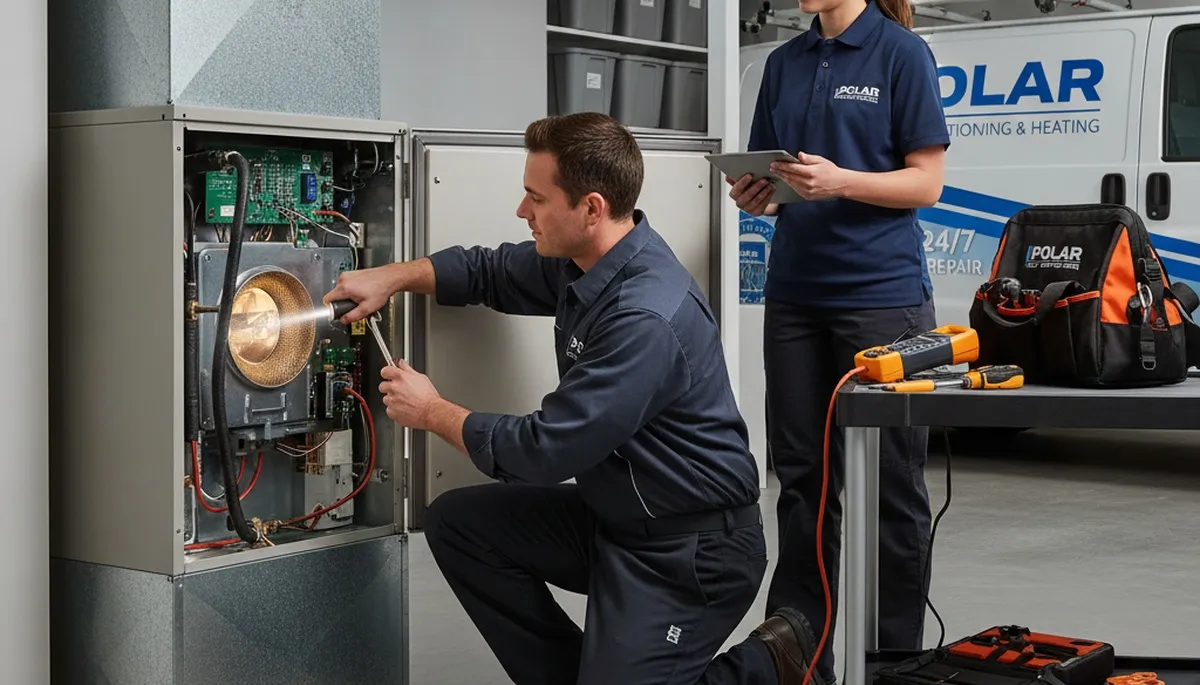 Technician performing furnace repair service in Indianapolis IN home for Five Star Cooling